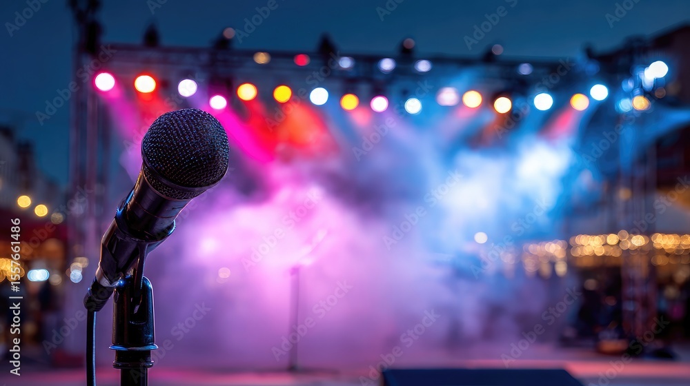 Poster live stage setup with microphone in front of colored stage lights and fog effects