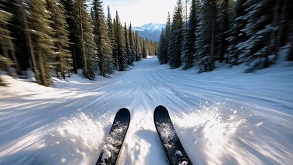 First person view of a skier speeding down a snowy slope through a pine forest with snow spraying up on either side of the skis, creating a sense of speed and excitement