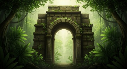Obraz premium Stone Archway in Lush Jungle Forest with Bright Light Ahead