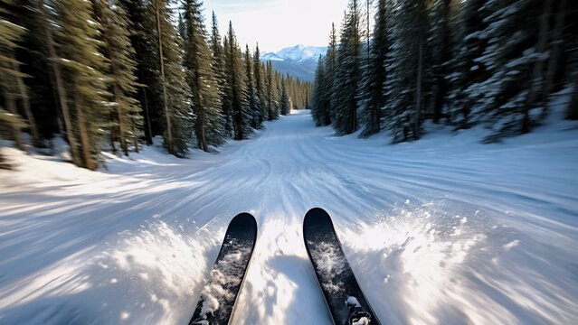 First person view of a skier speeding down a snowy slope through a pine forest with snow spraying up on either side of the skis, creating a sense of speed and excitement