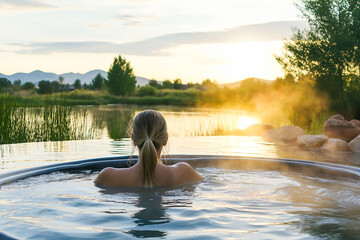 Young woman relaxing in outdoor hot spring at sunset with scenic view of lush forest as sun sets