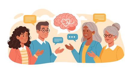 Diverse group discussing mental health with brain and heart illustration.