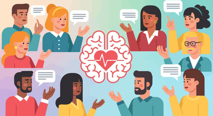 Diverse group discussing mental health represented by brain and heart icon.