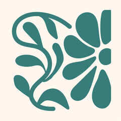 Floral hand drawn organic shape side view doodle flower with leaves on curved branch in retro hippie style 60s 70s for seamless pattern, prints and posters. Vector illustration.