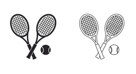 Two pairs of crossed tennis rackets with tennis balls one in black and white outline