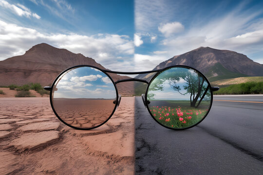A pair of eyeglasses reflecting two different worlds � one side a desert, the other a blooming forest � with no face behind them, surreal contrast of perception