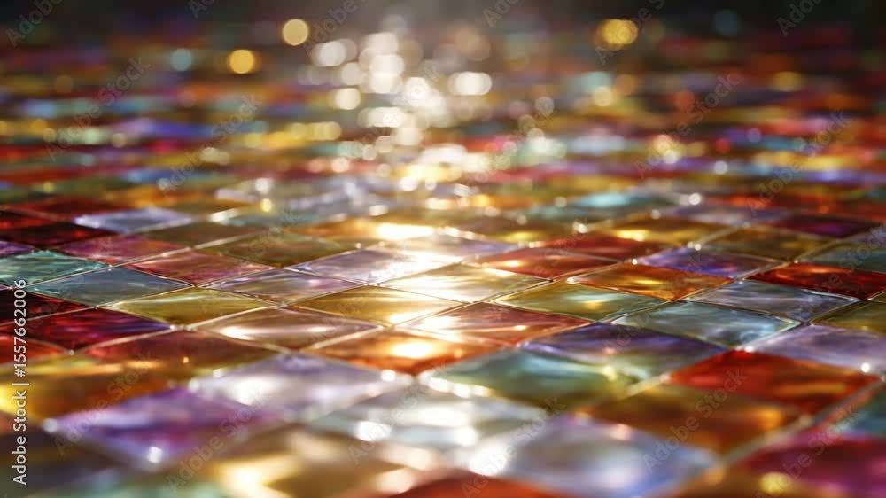 Poster chromatic symphony: a dazzling display of light dancing across a mosaic of multi-colored tiles, each