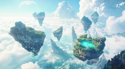 Floating islands in surreal sky filled with clouds and lush greenery