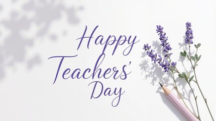 Fototapeta premium Happy Teachers' Day greeting card with lavender flowers and pencil . World Teachers' Day 