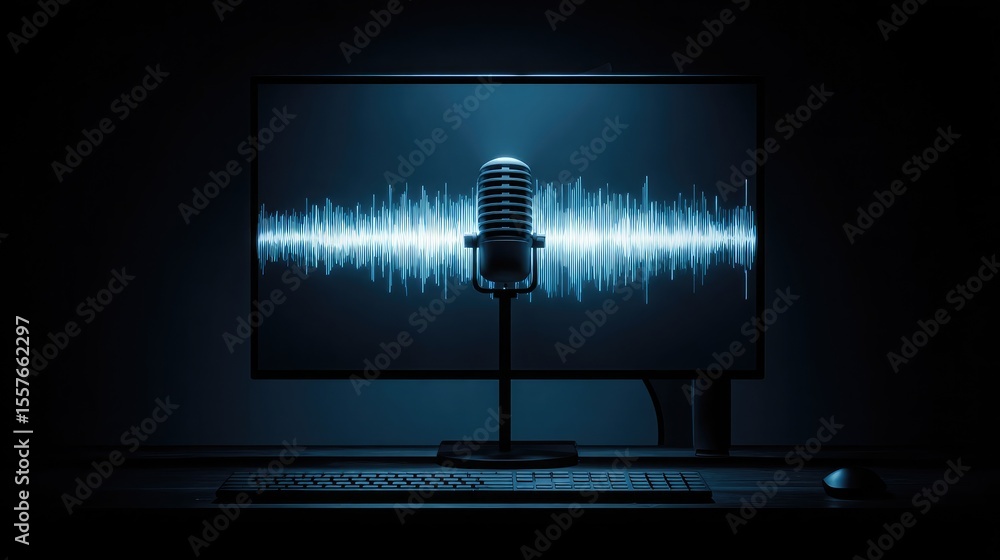 Aufkleber modern podcasting setup with led-lit microphone and waveform displayed on monitor