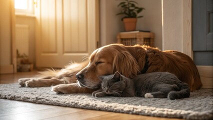 Naklejka na ściany i meble Golden Retriever and Grey Cat Napping Together on a Rug in Warm Sunlight: Peaceful Domestic Scene