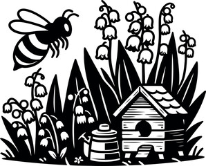 Rustic Beehive Among Spring Lily of the Valley Flowers in a Vibrant Green Garden