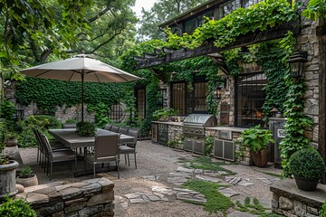 A backyard with a stone barbecue, an outdoor dining area, and a stone wall covered with ivy. 