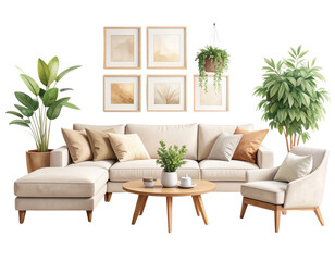  Set Watercolor Interior Illustration – Beige Corner Sofa in Cozy Minimalist Room