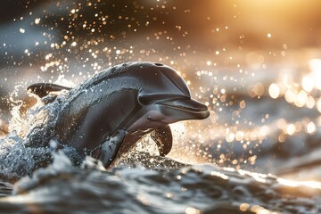 A close-up of a dolphin's body emerging from the water mid-jump, with droplets sparkling in the sunlight. 