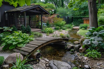 A charming backyard with a small wooden bridge crossing over a stream, surrounded by lush greenery. 