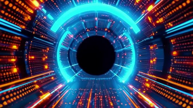Futuristic digital data tunnel with glowing neon lights for high-speed technology and cyber connectivity concept