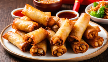 Crispy golden spring rolls on a plate with dipping sauces and vegetables