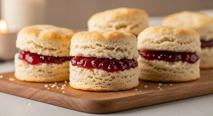 Fototapeta premium Biscuits with Berry Filling Arranged on a Wooden Board