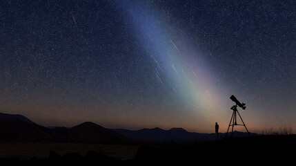 Refractor telescope on a tripod silhouetted against bright meteor shower