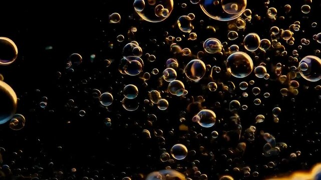 Golden Bubbles Floating in Dark Space with Light Reflections and Dynamic Movement