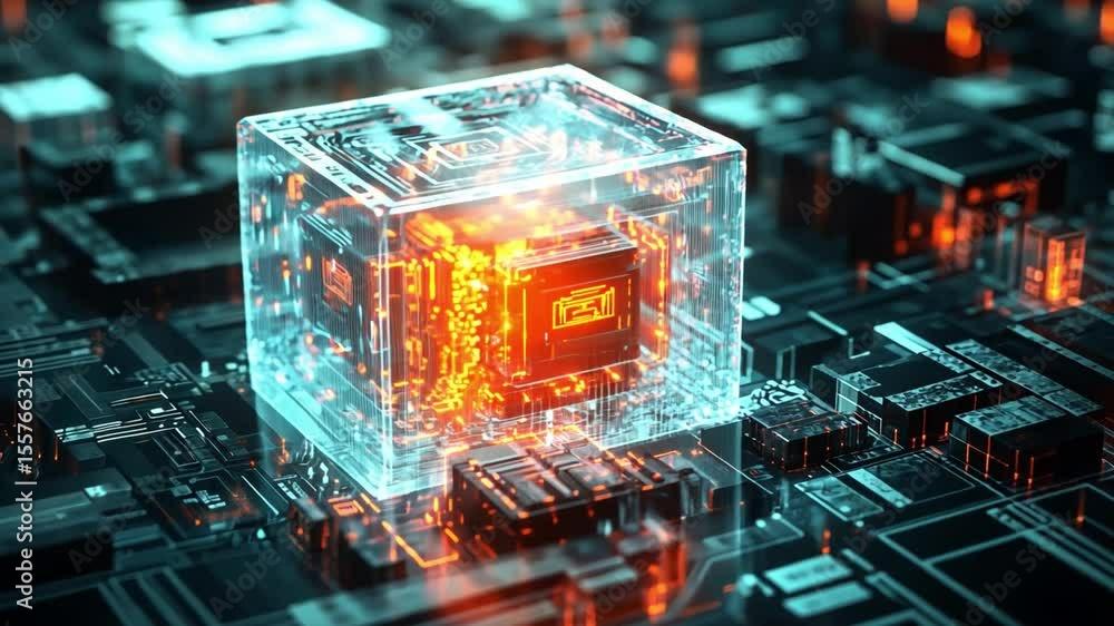 Aufkleber Quantum Computing: Futuristic, a transparent cube with an illuminated core floats on a digital circuit board, representing the cutting edge of quantum computing and technological advancement. 