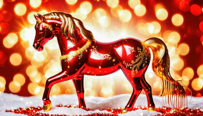 Red festive horse ornament with golden details against bokeh lights, Symbol of the New Year according to the Eastern lunar calendar