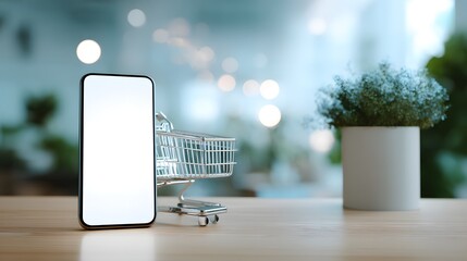 a smartphone placed on top of a shopping cart. the phone is in portrait mode with its screen displaying a blank white background
