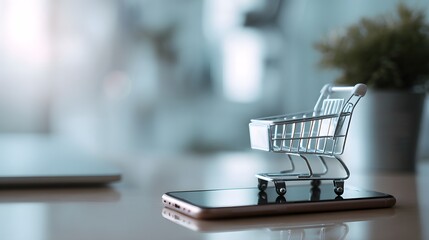 a futuristic concept of shopping, where a digital shopping cart is being used on a smartphone