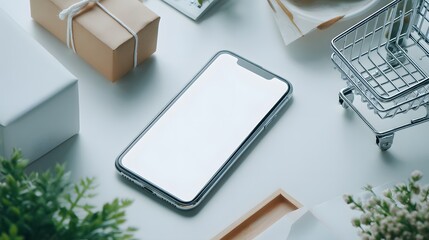 a smartphone lying on a white surface surrounded by gift items like wrapping paper and gifts