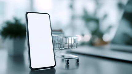 a modern smartphone with a sleek design, placed on a desk against a blurred background that seems to be an indoor setting