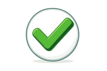 Green 3D check mark icon vector. Glossy tick symbol in circle isolated on white background. Check list button for correct choice, approval, yes vote. Success validation sign.