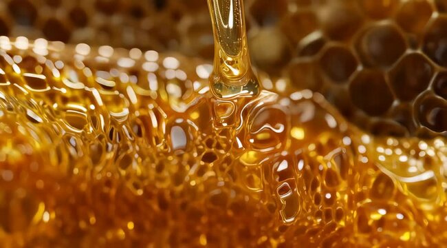 Golden Honey Dripping Into Honeycomb