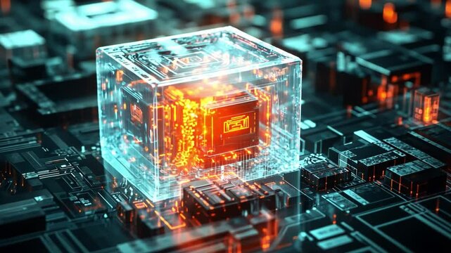 Quantum Computing: Futuristic, a transparent cube with an illuminated core floats on a digital circuit board, representing the cutting edge of quantum computing and technological advancement. 