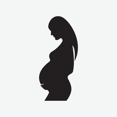 Bold black silhouette of a serene pregnant woman in side profile on white background. Minimalist, graphic vector perfect for maternity, motherhood, and health themes.