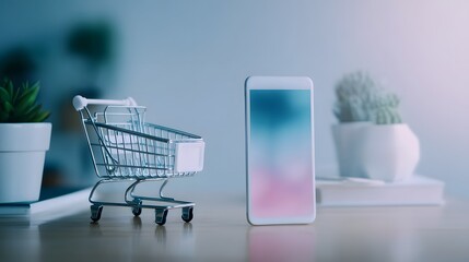 a smartphone lying flat next to a physical shopping cart.
