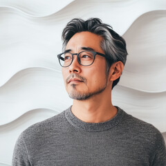 Contemplative asian mature male in glasses posing against wavy white background