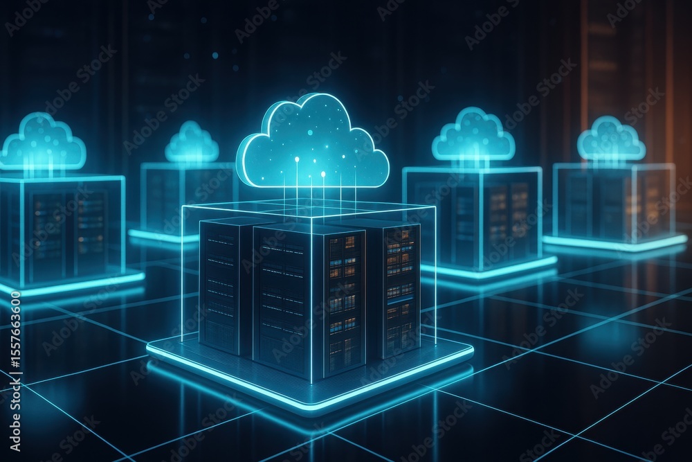 Fototapete Cloud Computing: A cutting-edge visualization of cloud computing and data storage, with server racks and luminous cloud icons, embodying the future of technology and data management.