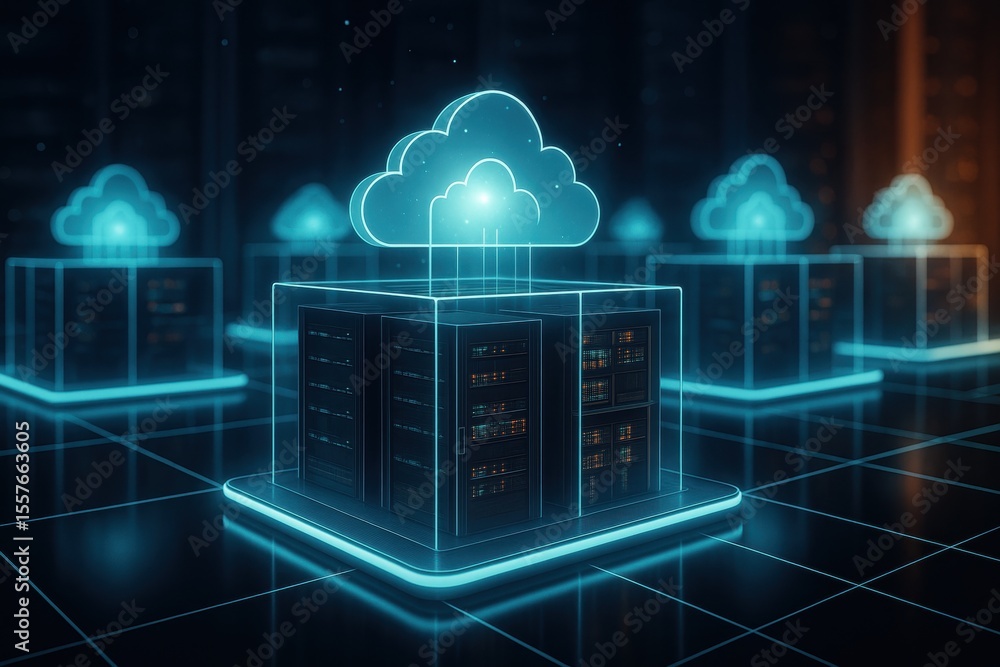 Poster digital data storage: a futuristic digital representation of cloud servers, symbolizing secure data 