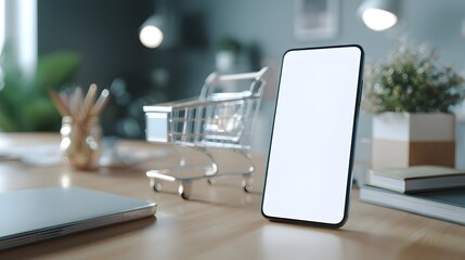 a modern office environment with a focus on a smartphone displaying a blank screen