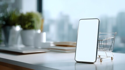 a futuristic concept of shopping, where a smartphone is mounted on top of a grocery cart