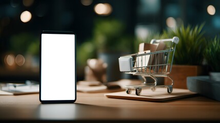 a modern smartphone held up in front of a shopping cart symbol, indicating perhaps an online retail experience or a discussion abo