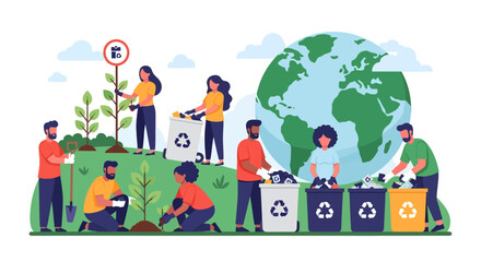 Diverse Group Planting Trees and Sorting Recycling with Earth Globe Backdrop.