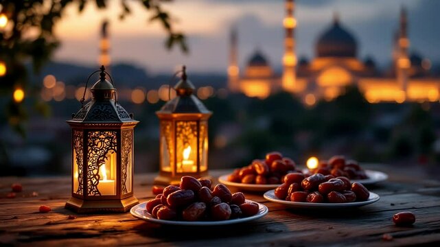 Golden Lanterns And Date Plates On Wooden Table With Blurry Mosque Background At Sunset