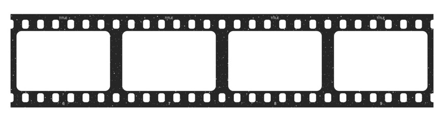 Film strip frame template with empty slots, retro cinema tape with grunge grain texture