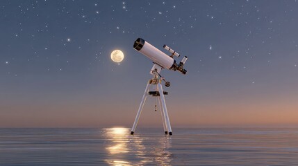 Telescope facing rising moon over water with stars faintly reflected on surface