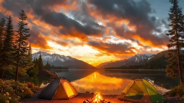 Golden Sunset Over Lake and Mountains with Campfire Tents and Reflective Water Surface