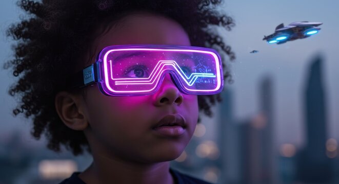 A young child wearing futuristic neon glasses gazes at a flying vehicle above a cityscape at dusk.