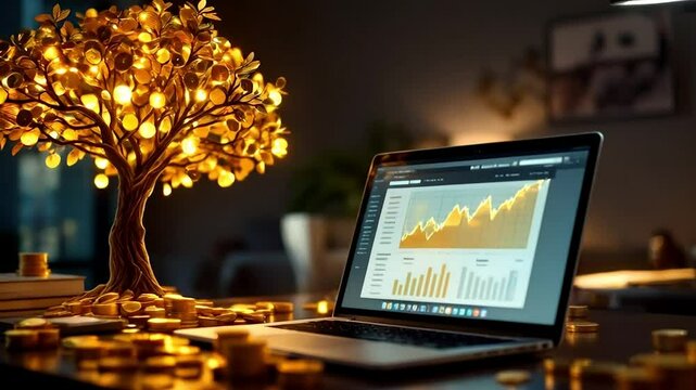 Golden Tree and Laptop with Financial Chart on Table in Low Light with Gold Coins