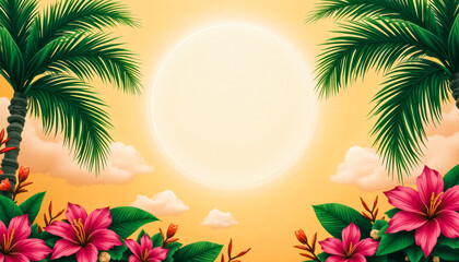 Tropical sunset with palms and hibiscus flowers under a warm sun
